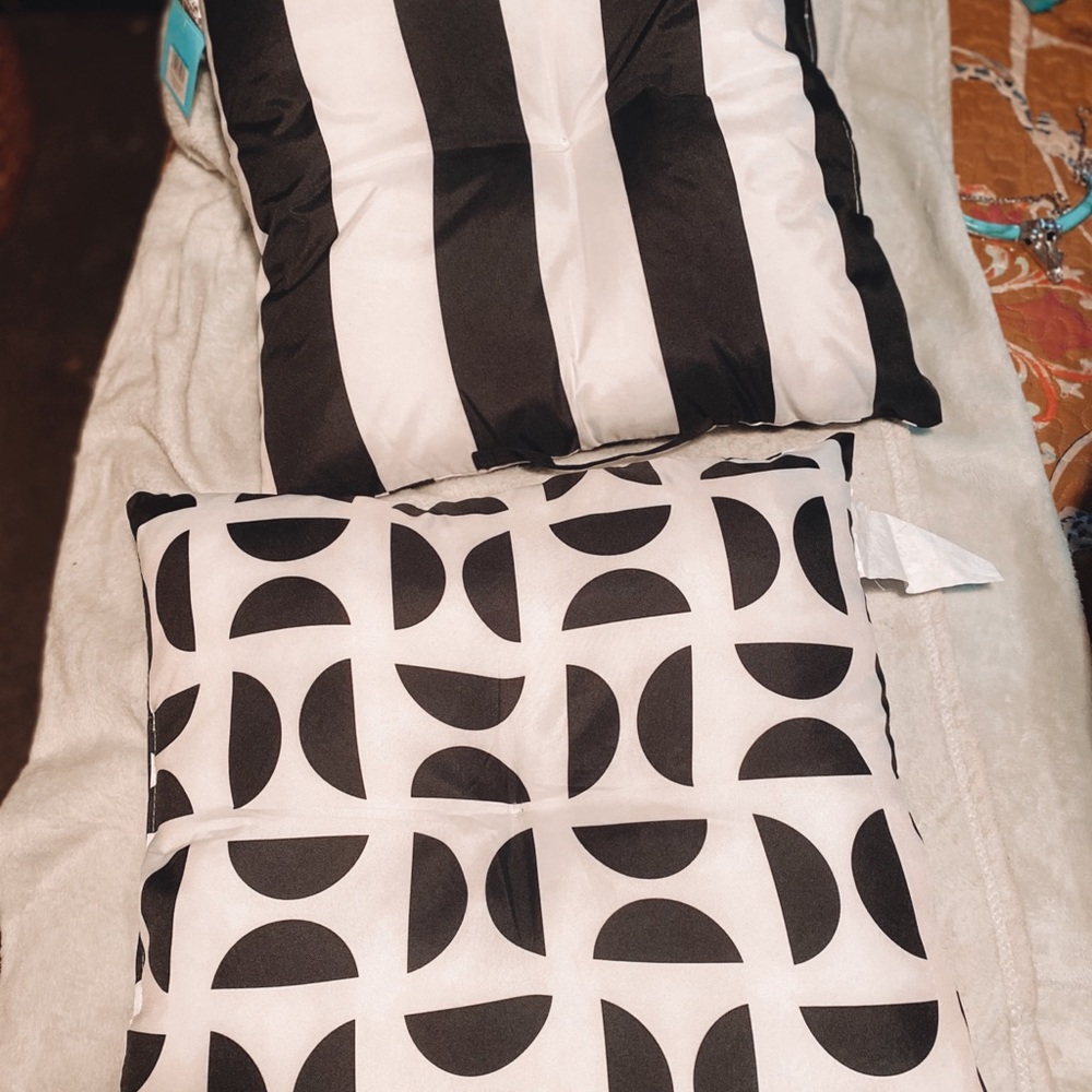 2 patio chairs pillows